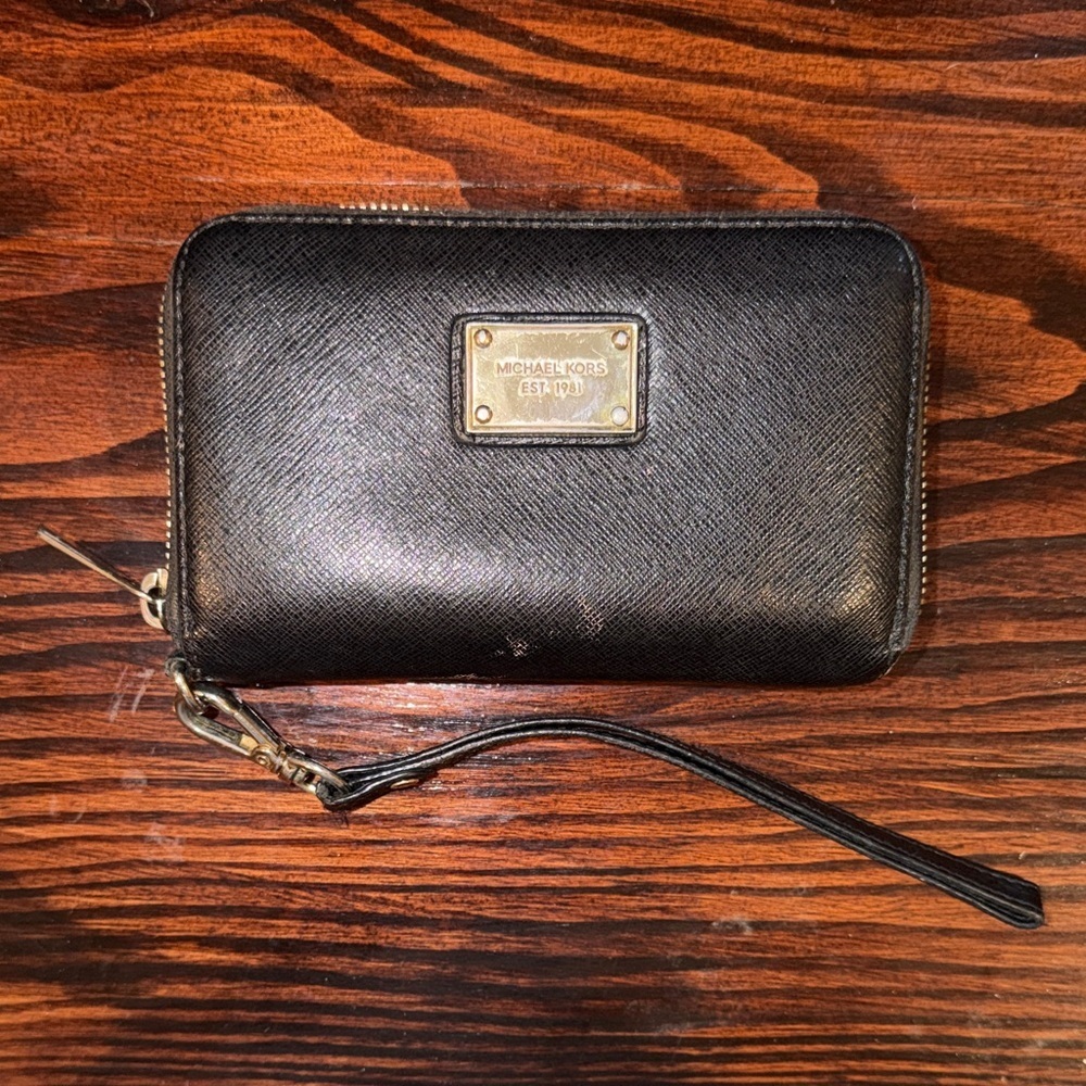 Michael Kors Black Leather Zip Wristlet with Gold Plate
